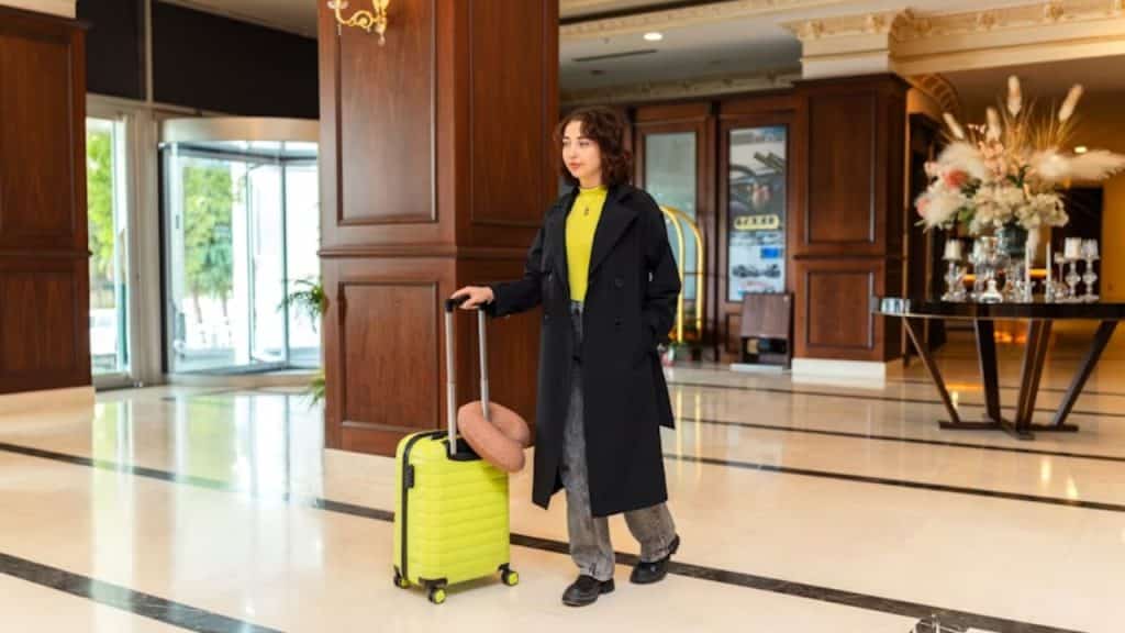 Woman stepping out of the house with her bag luggage to travel