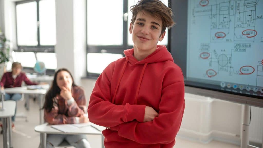 A confident student in a red hoodie standing in front of a classroom screen.