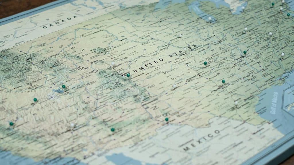 A map of the United States with pins marking locations.