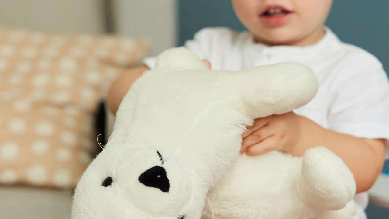 A toddler holding a white teddy bear.
