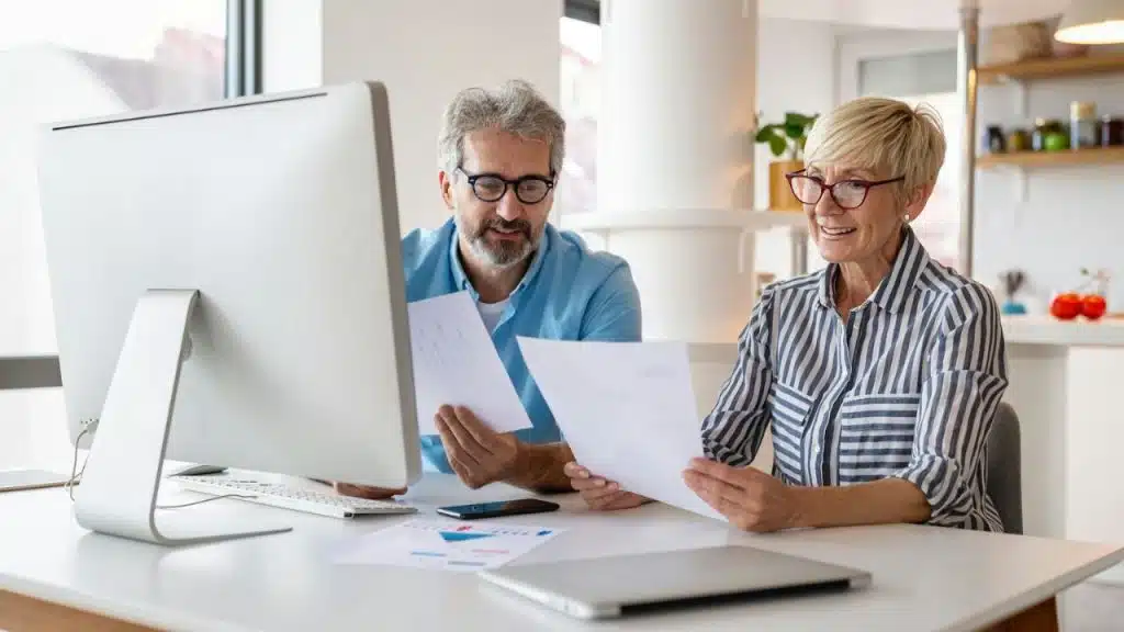 A smiling senior couple reviews documents together at a desk with a computer and laptop.