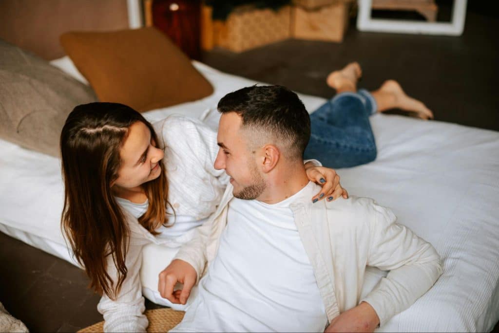 A man and woman looking at each other