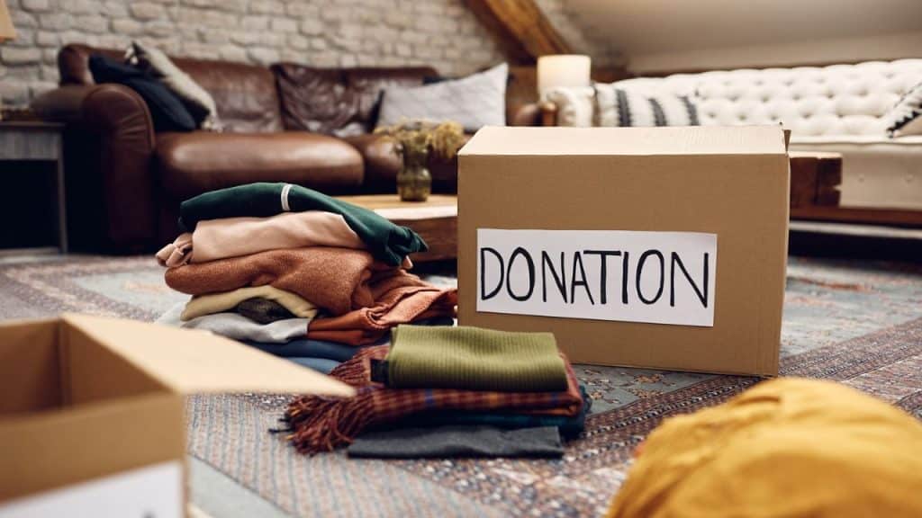 A cardboard box labeled "DONATION" sits on a patterned rug, surrounded by neatly folded clothes.