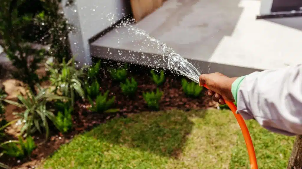 A person watering plants with an orange garden hose.
