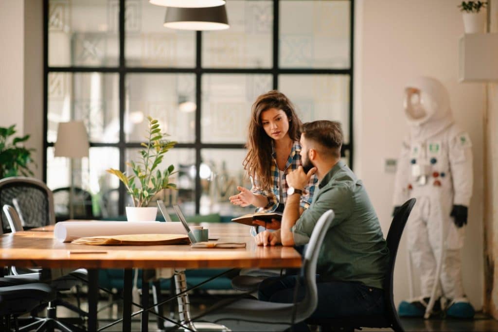 A man and woman talking