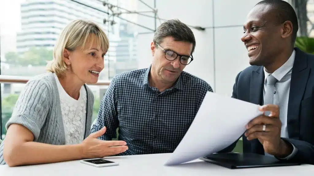 A diverse group of three adults, two Caucasians and one Black man, engage in a discussion about documents.