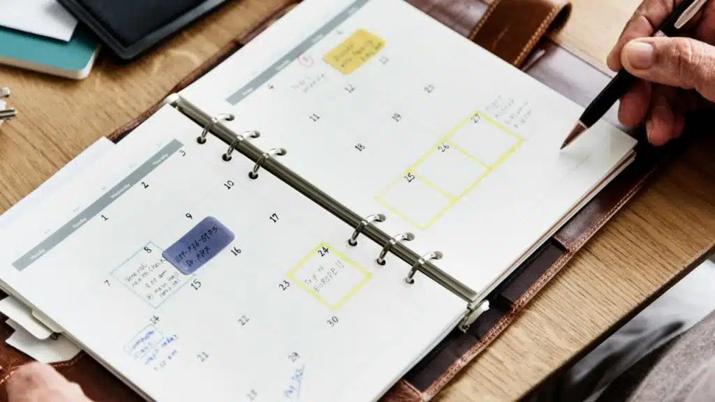 A hand writes on an open planner with highlighted dates and various notes.