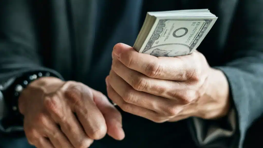 A person's hands are shown, one holding a stack of $100 bills.