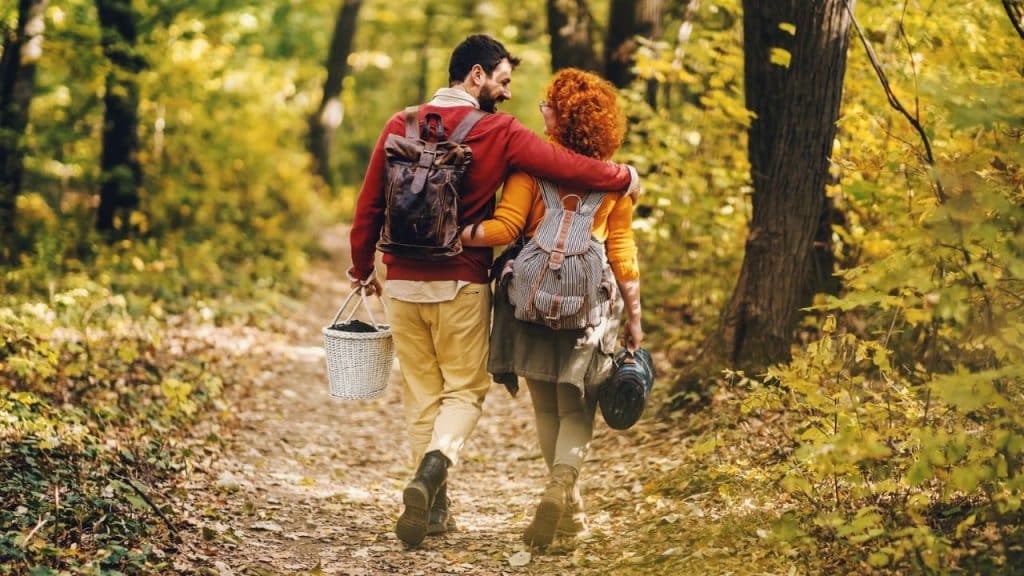 A couple with backpacks walks arm-in-arm down a leafy forest path.