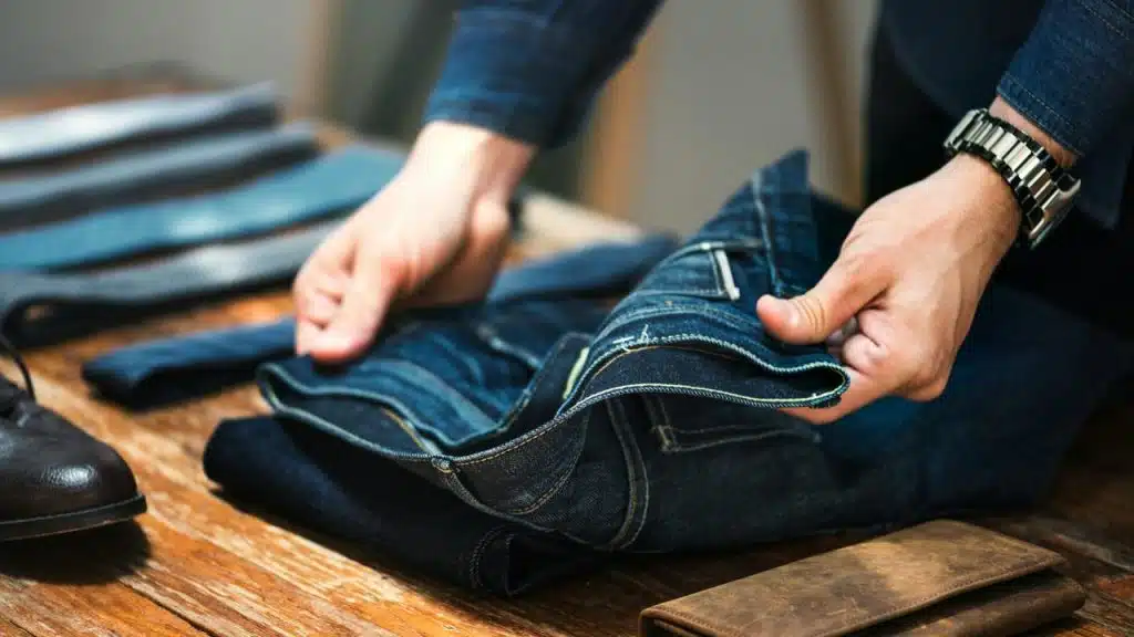 A man folding jeans on a wooden table.