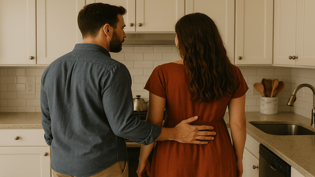 A husband touching the small of his wife’s back.