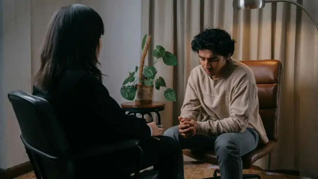 A man sits in a brown chair, looking down, while a woman sits opposite him.