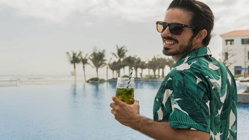 A man on vacation alone.