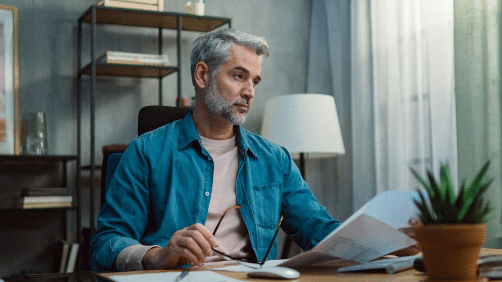 A man with a gray beard and gray hair sits at a desk, looking at papers and holding his glasses.