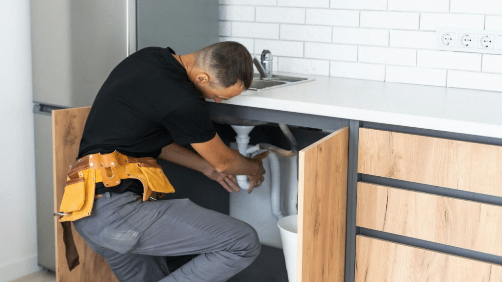 A man with a tool belt bends down under a kitchen sink to work on a pipe.