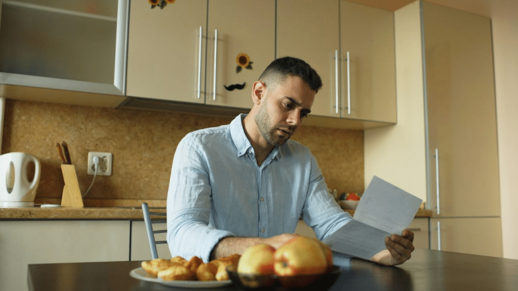A man sits at a kitchen table, looking at a letter with a worried expression.