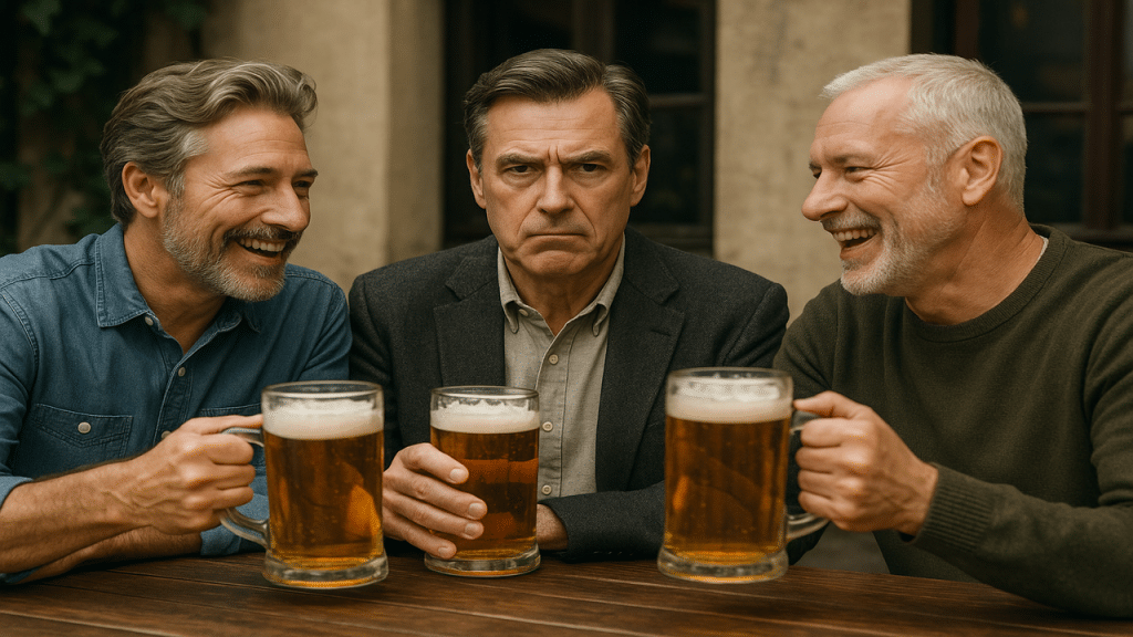 Handsome mature men having beer together