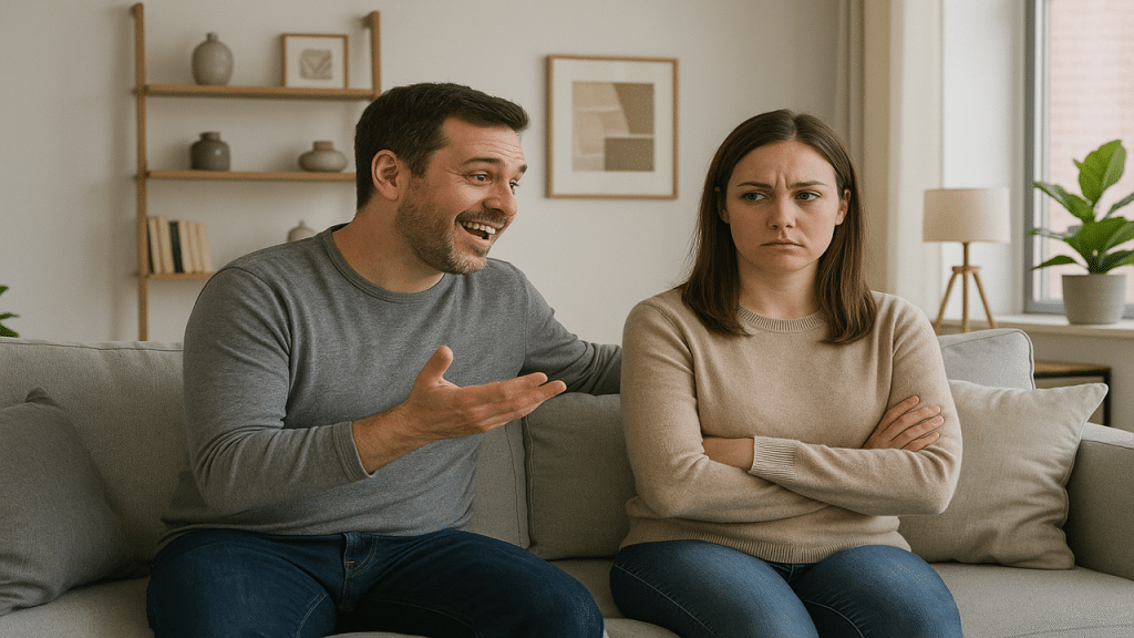 A man joking while his wife looks unamused