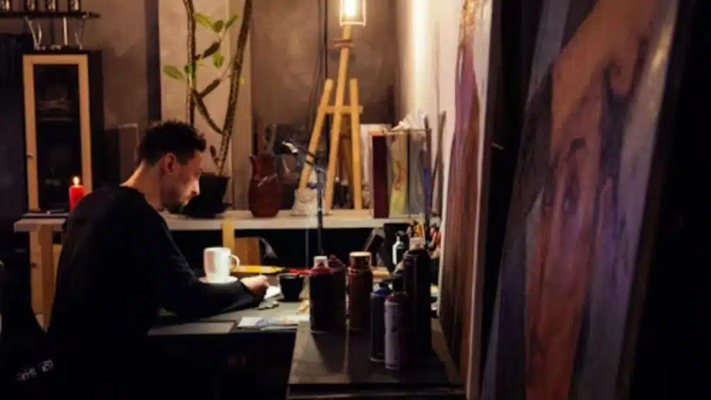 Man painting on a canvas in a home studio