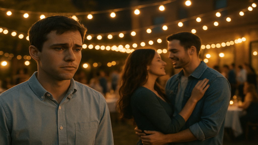 A man looking sadly at a couple