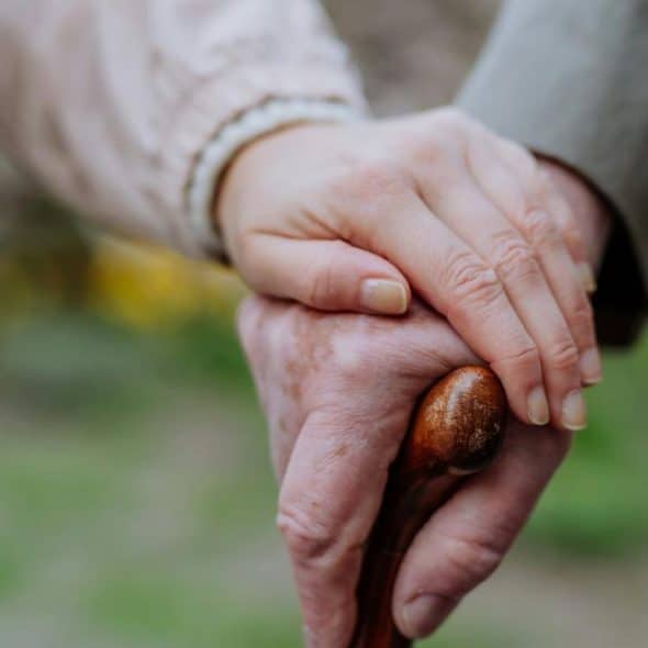 A close-up of two elderly hands holding a wooden cane together.