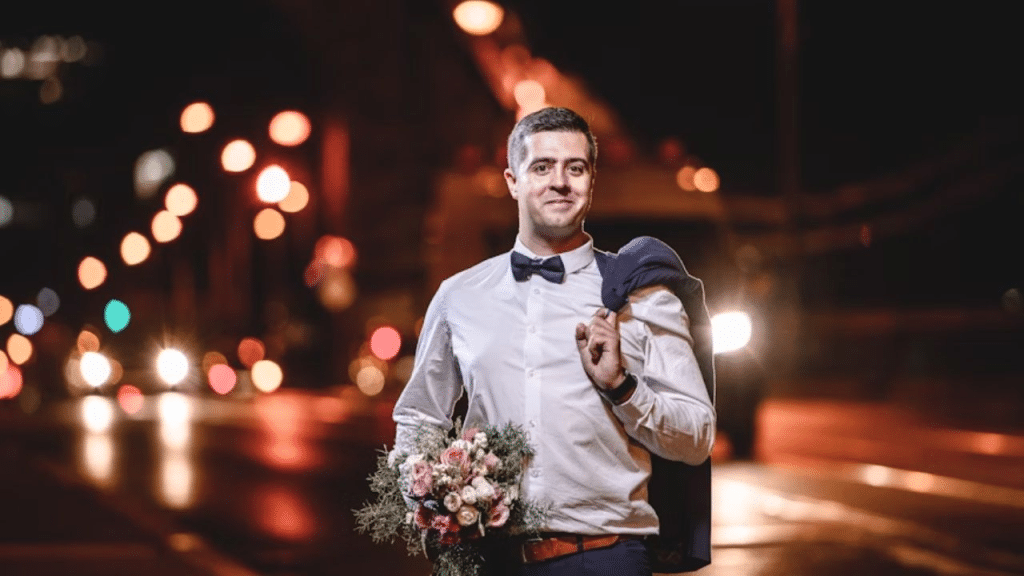 A man looking confident after being proposed to