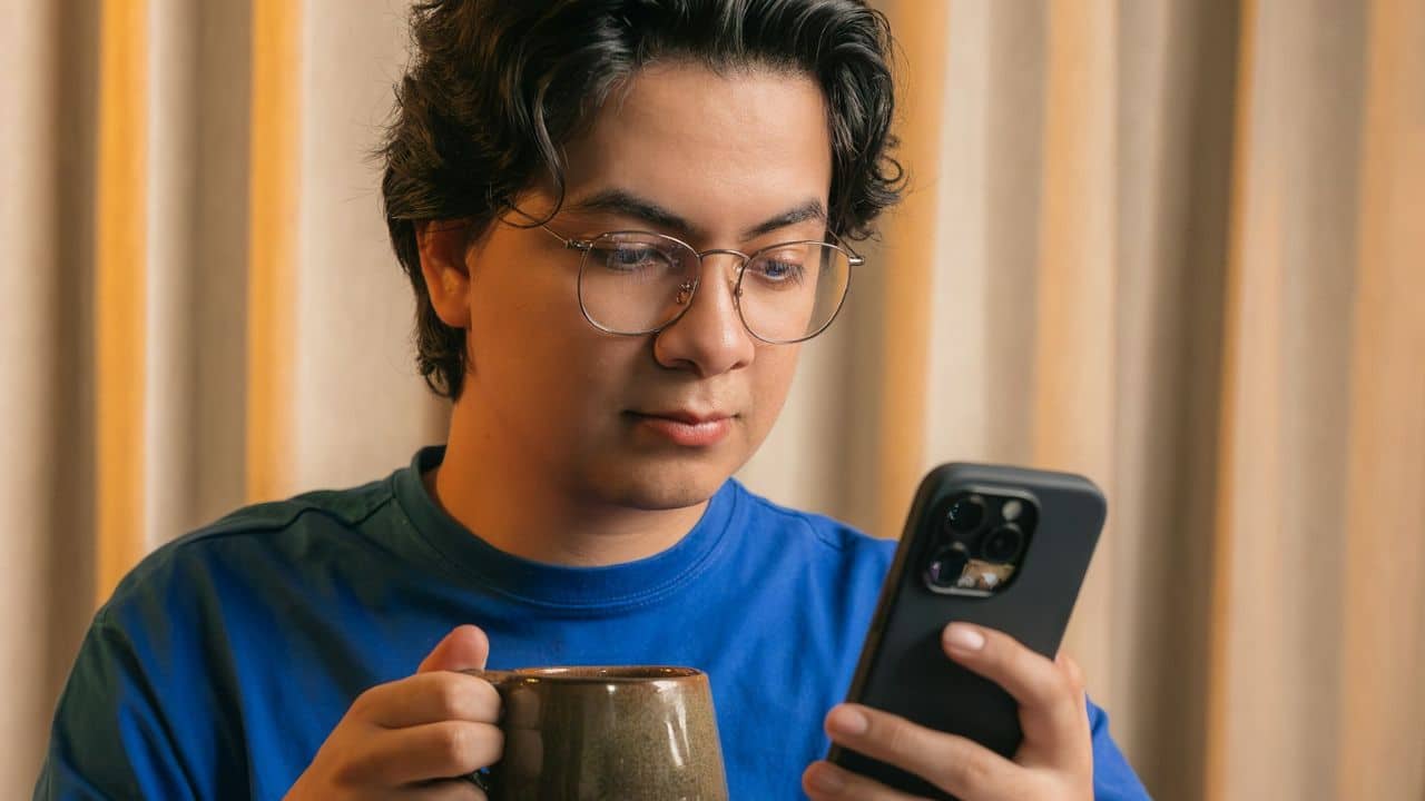 A person in a blue shirt with glasses holds a phone and a mug.