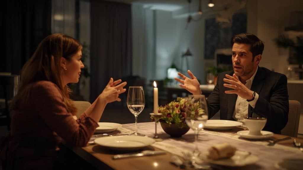 A woman accosting her husband at a dinner party