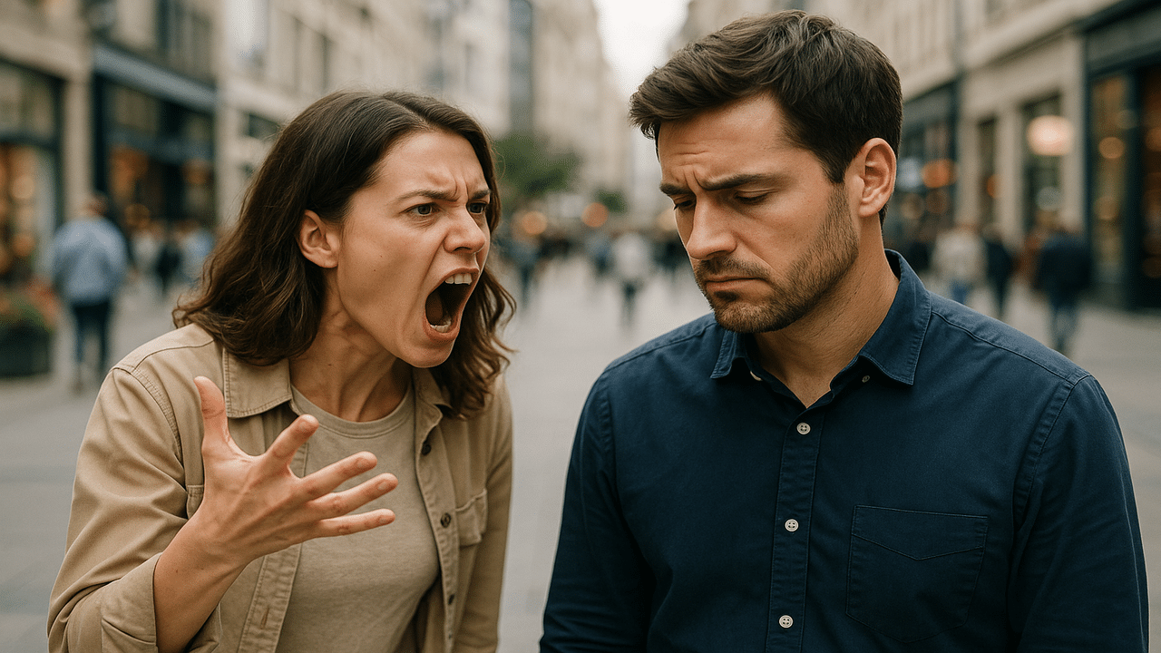 A woman yelling at her husband in public.