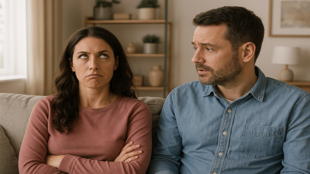 A woman rolling her eyes at her husband