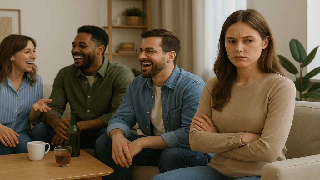 A man laughing with his friends while his wife looks upset