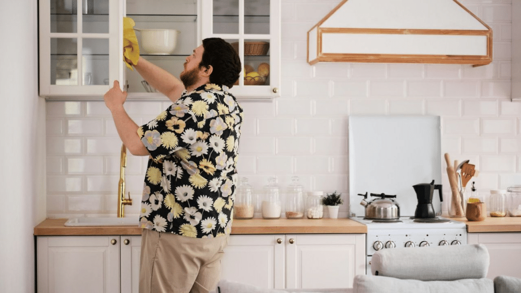 A man in a floral shirt wipes a kitchen cabinet with a yellow rag.