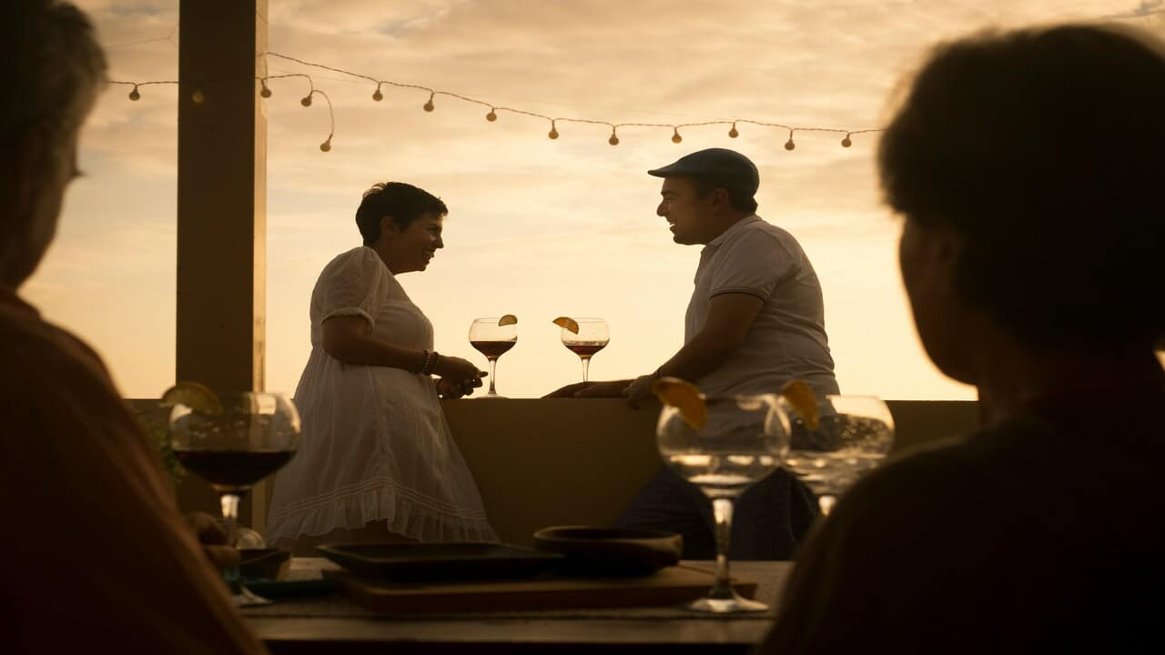 A couple on a rooftop date.