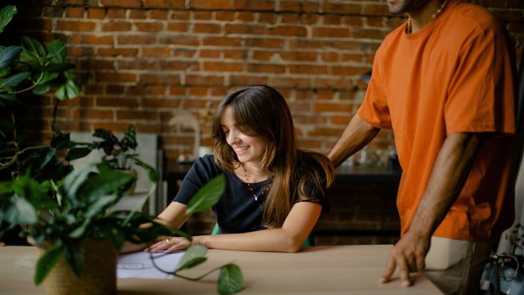 Colleagues smiling at work