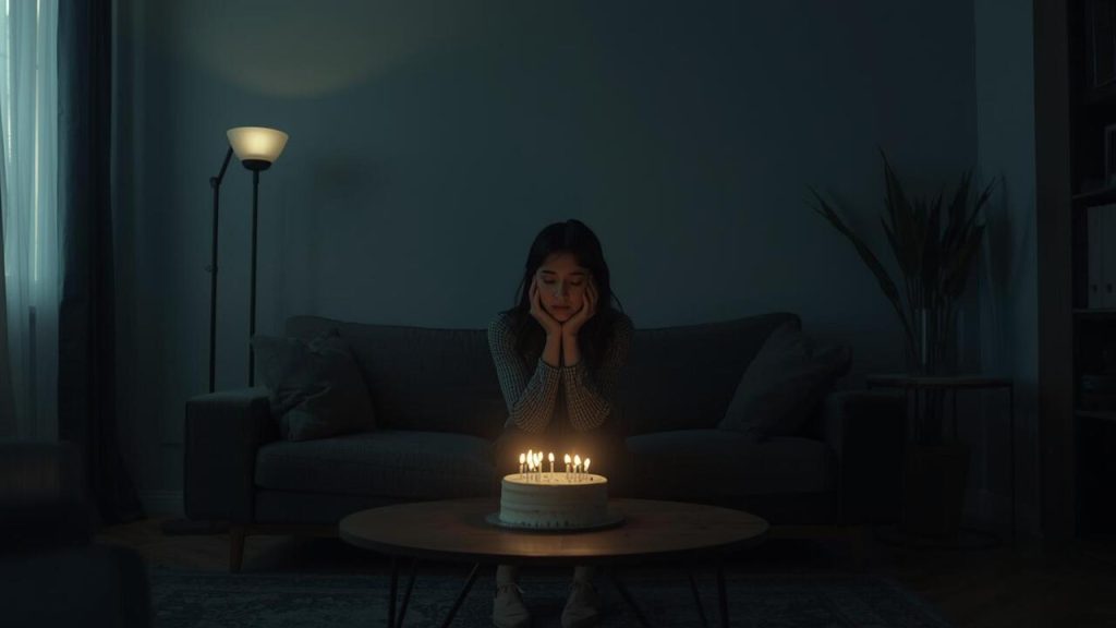 A woman celebrating her birthday in the dark alone