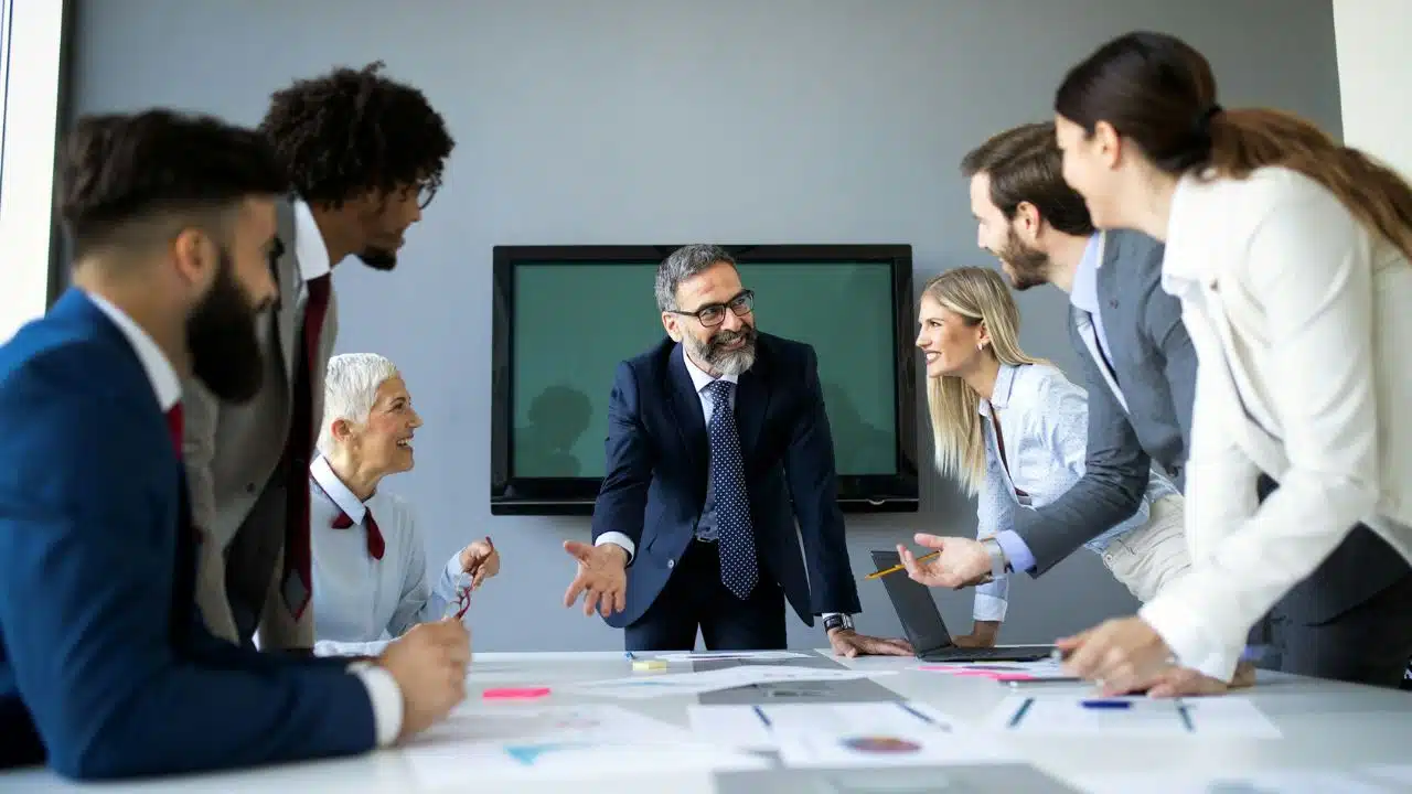 A smiling team of diverse professionals discusses a project around a conference table.