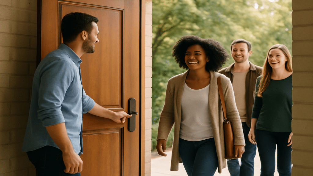 A man opening the door for others