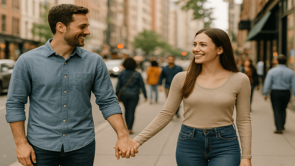 A man holding his girlfriend’s hand in a busy street