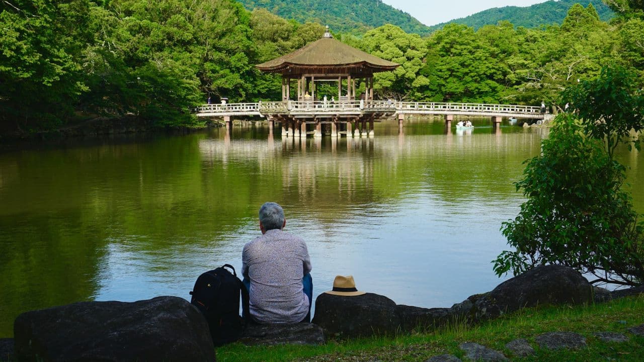 A man sits by a lake, looking at a traditional building across a bridge.