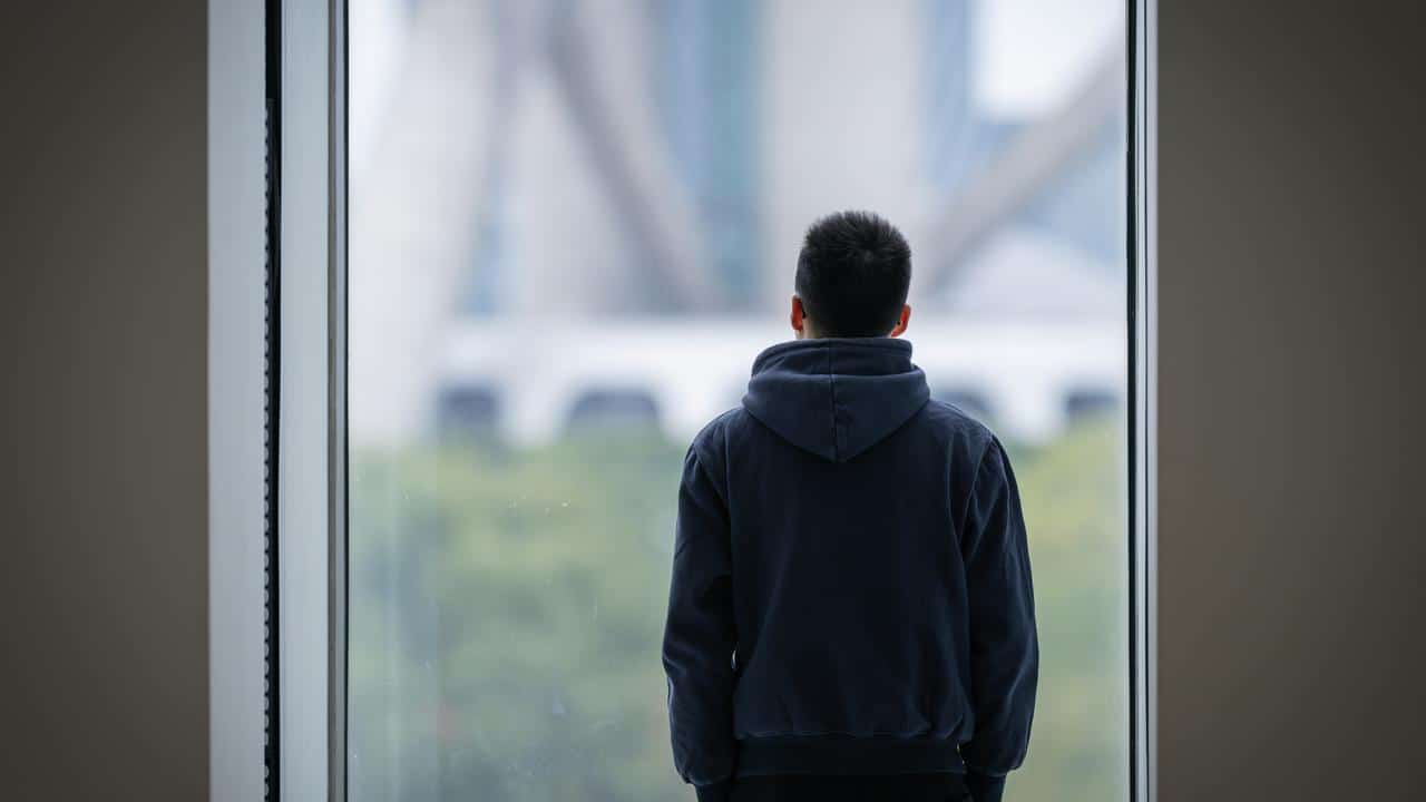 A person in a hoodie stands by a large window looking outside.
