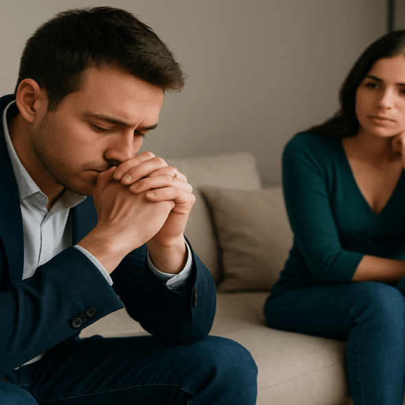A man looking sad as his wife looks on.