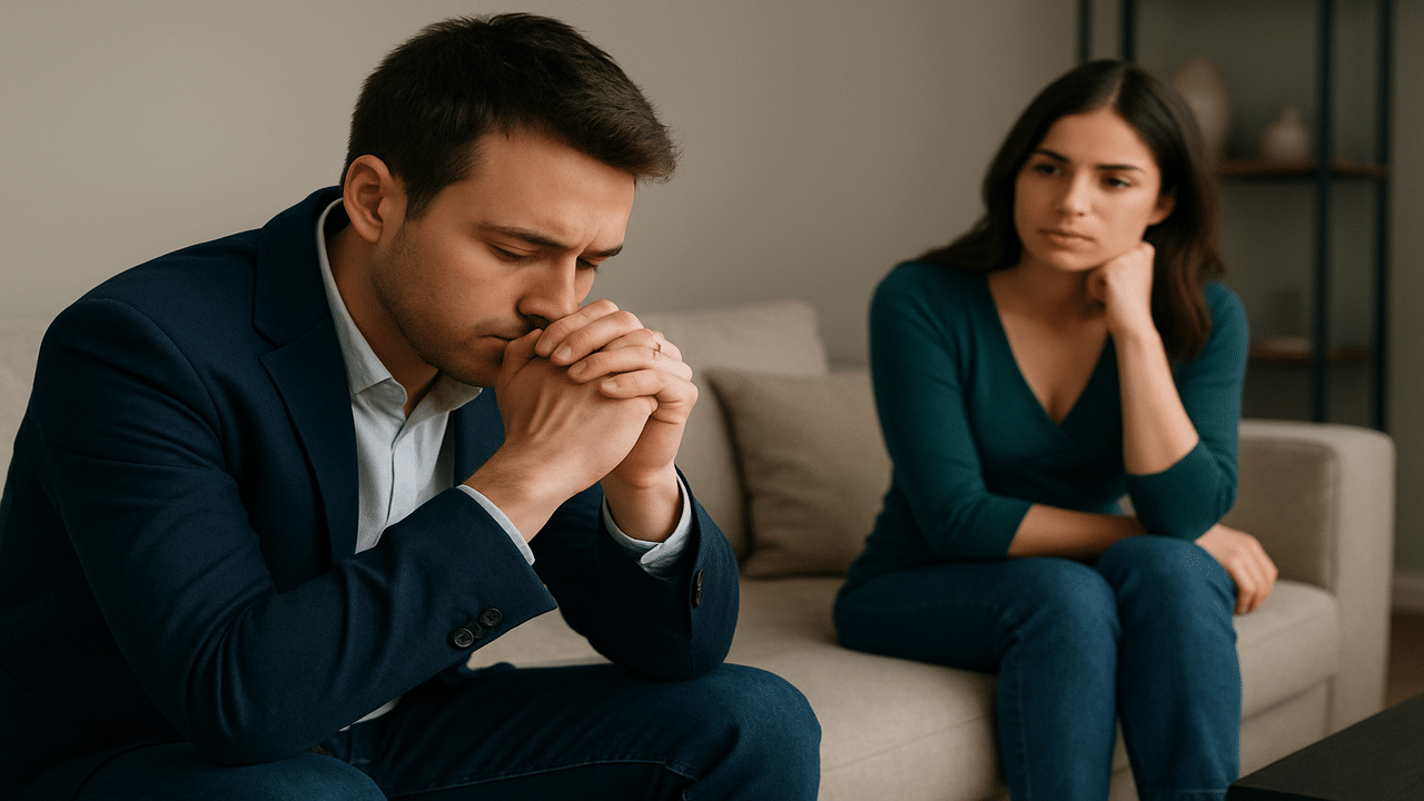 A man looking sad as his wife looks on.