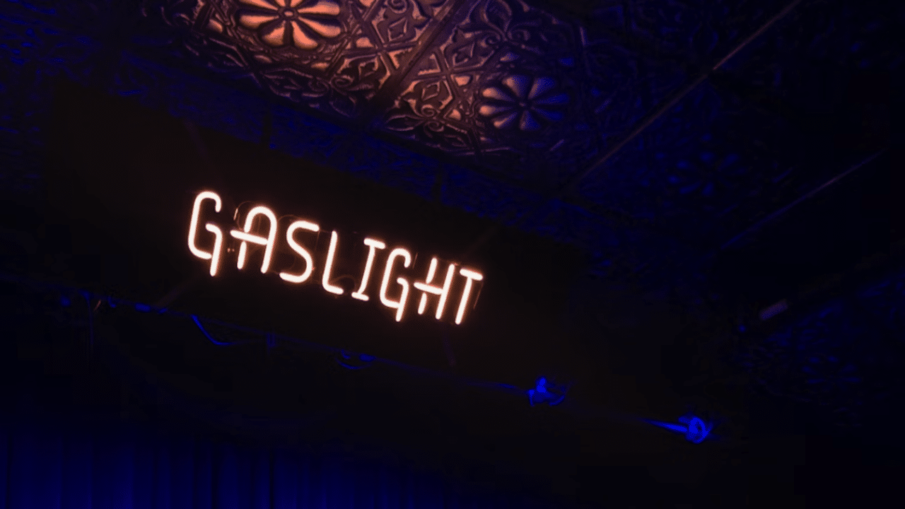 Neon lights spelling out “gaslight”.