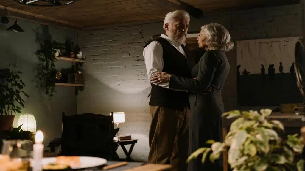 An elderly couple looking sad while dancing at home