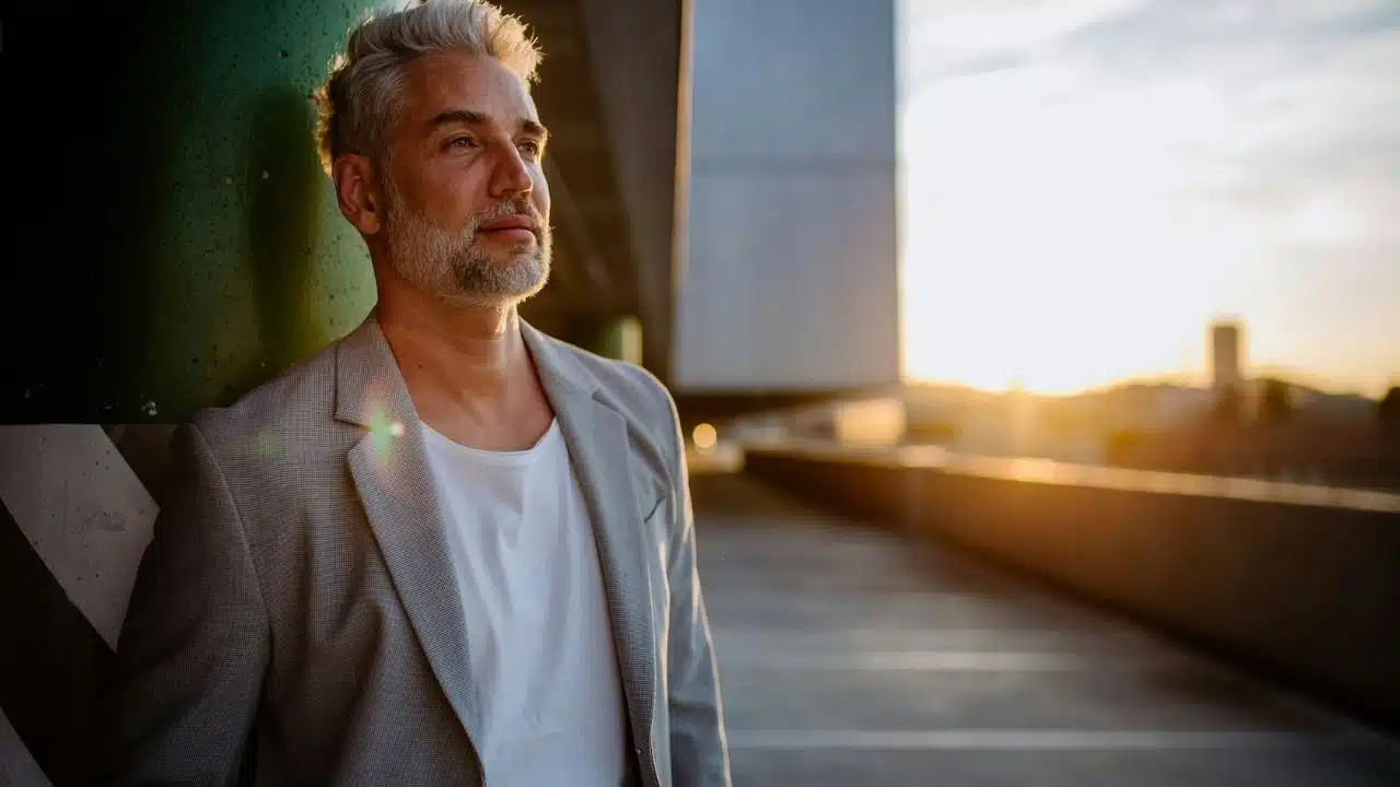 A thoughtful, middle-aged man with gray hair and a beard stands outdoors at sunset.