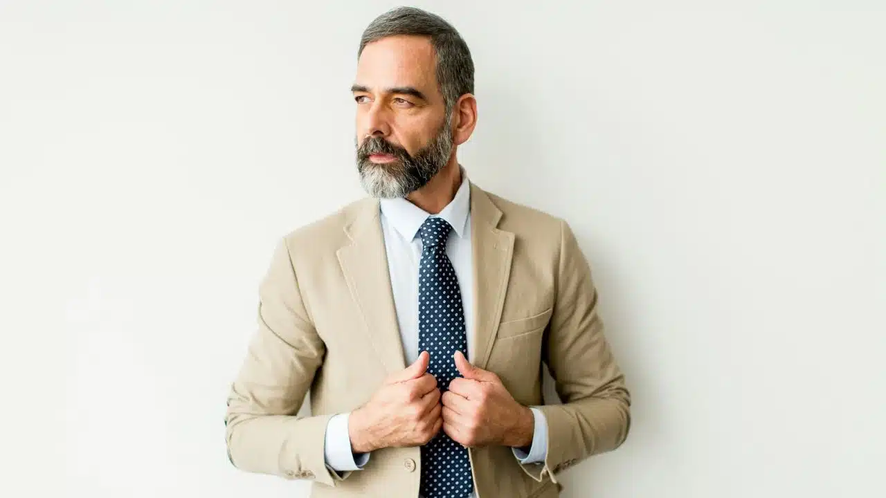 A professional man in a beige suit jacket is adjusting his tie.