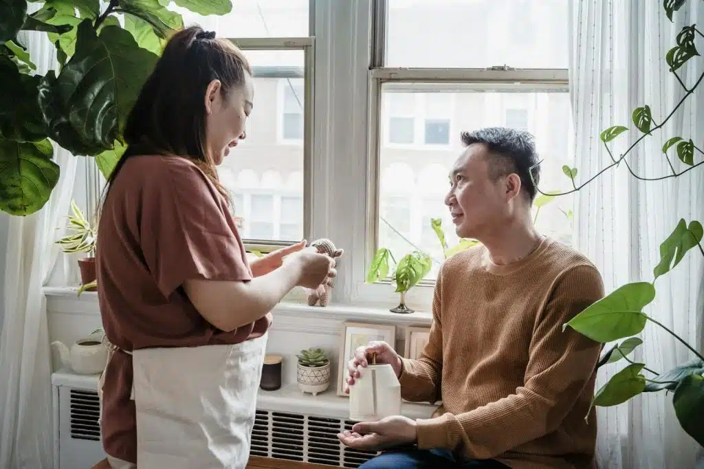 A husband looking at his wife