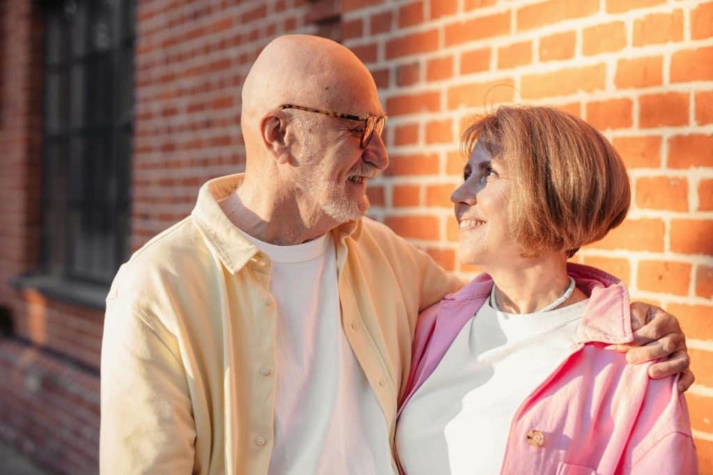 A man and woman looking at each other
