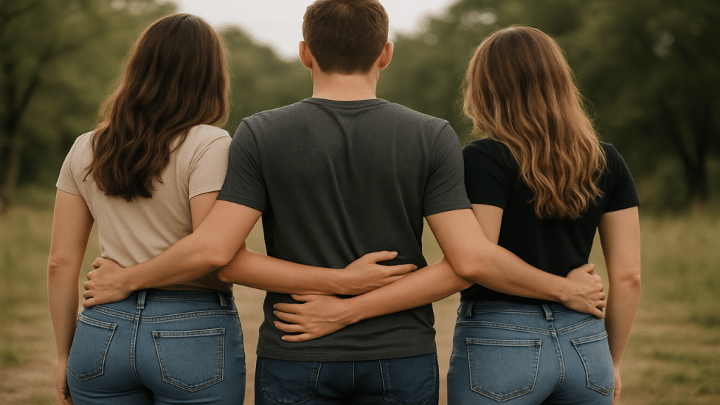 A man and two women with their hands on each other’s waists