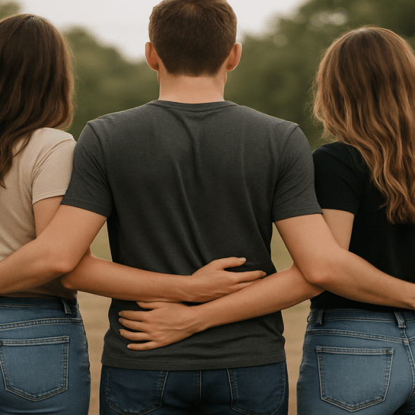 A man and two women with their hands on each other’s waists